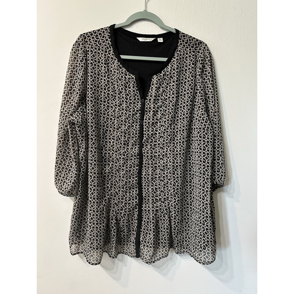Liz Claiborne Blouse 16 XL Black Cream Geometric Pleated Chiffon Tunic Top